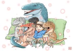  1boy ^_^ absurdres alan_grant arm_around_shoulder blue_shirt breast_pocket brown_hair brown_hat brown_pants buttons character_request claws closed_eyes collared_shirt commentary dinosaur food forked_tongue happy hat highres jurassic_park kinoshita_itaru maxillary_rictus open_mouth pants pocket popcorn prehistoric_animal sharp_teeth shirt simple_background sitting teeth tongue tyrannosaurus_rex untranslatable_commentary velociraptor 