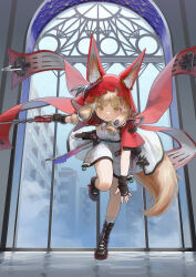  1girl absurdres animal_ear_fluff animal_ears arknights arknights:_endfield black_boots black_gloves blonde_hair boots cape commentary_request dress ears_through_hood fingerless_gloves full_body gloves highres holding holding_sword holding_weapon hood hood_up hooded_cape indoors leg_lock looking_at_viewer red_cape rossi_(arknights) solo standing_leg_lock sword tail tooth_hair_ornament weapon welt_(kinsei_koutenkyoku) white_dress window wolf_ears wolf_girl wolf_tail yellow_eyes 