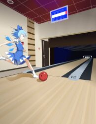  1girl absurdres ball blue_bow blue_dress blue_eyes blue_hair bow bowling bowling_alley bowling_ball bowling_pin cirno commentary dress english_commentary hair_bow highres impending_doom kicking motion_blur open_mouth short_hair smile solo toogeruu touhou 