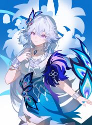  1girl absurdres blue_dress blue_eyes blue_skirt changmingsuo chinese_clothes closed_mouth diamond-shaped_pupils diamond_(shape) dress hair_between_eyes hair_ornament hand_on_own_chest highres honkai:_star_rail honkai_(series) jewelry long_hair looking_at_viewer multicolored_eyes skirt smile solo symbol-shaped_pupils violet_eyes white_hair yao_guang_(honkai:_star_rail) zhizhi_maoning 