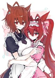  2girls absurdres agnes_tachyon_(umamusume) animal_ears apron arms_around_another's_waist bow breasts brown_hair commentary_request daiwa_scarlet_(umamusume) hair_bow hand_on_another's_shoulder highres horse_ears horse_girl large_breasts long_hair maid maid_apron maid_headdress mother_and_child mother_and_daughter multiple_girls necktie parent_and_child red_eyes red_hair short_hair simple_background superduckvv twintails umamusume 