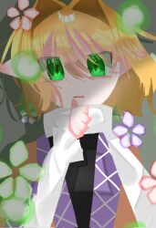  1girl amemiya_taso arm_warmers bad_id bad_twitter_id biting biting_own_finger biting_own_thumb black_shirt blonde_hair brown_shirt danmaku green_background green_eyes hair_intakes highres looking_at_viewer mizuhashi_parsee open_mouth pointy_ears scarf shirt short_hair solo touhou undershirt upper_body white_scarf 