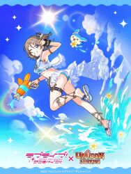 1girl arm_up armpits ass belt belt_buckle bikini black_belt blue_eyes blush border bracelet breasts brown_hair buckle clouds cloudy_sky commentary_request copyright_logo feet flower frills from_side grey_hair hair_bun hair_ornament highres jewelry jumping logo looking_at_viewer love_live! love_live!_sunshine!! musical_note ocean official_art one_eye_closed outdoors rainbow sandals single_hair_bun sky smile splashing sun sunlight swimsuit teeth thighs unison_league watanabe_you water water_gun 