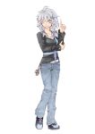  alternate_costume blue_eyes braid casual contemporary izayoi_sakuya jeans morino_hon shoes short_hair silver_hair sneakers solo touhou twin_braids wink 