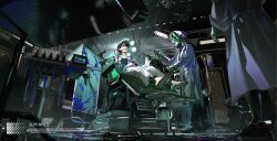  1boy 2others absurdres alien alien_stage barefoot black_hair bound chair commentary commission highres intravenous_drip ivan_(alien_stage) jianghuo lab_coat laboratory multiple_others pants shirt syringe_gun untranslatable_commentary white_pants white_shirt 