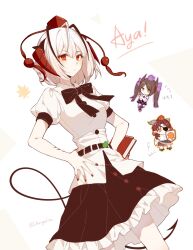  1boy 2girls arknights arrow_(symbol) black_bow black_bowtie black_skirt black_socks book bow bowtie breasts brown_hair chargepro chinese_commentary closed_mouth commentary_request cosplay crossdressing crossdressing_(mtf) eyepatch frilled_skirt frills geta hands_on_own_hips hat highres himekaidou_hatate himekaidou_hatate_(cosplay) hoederer_(arknights) holding holding_book holding_phone holding_shield horns ines_(arknights) inubashiri_momiji inubashiri_momiji_(cosplay) looking_at_viewer multiple_girls phone pom_pom_(clothes) purple_bow purple_hat purple_skirt red_eyes red_hat red_nails red_skirt shameimaru_aya shameimaru_aya_(cosplay) shield shirt short_hair skirt small_breasts socks tail tengu-geta tokin_hat touhou translated two-tone_skirt w_(arknights) white_shirt 