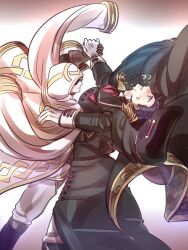  1boy 1other ? ?? black_cape blush brown_gloves cape commentary_request dancing facing_another fire_emblem fire_emblem:_thracia_776 fire_emblem_heroes gloves hand_on_another's_shoulder holding_hands looking_up monsuke_(monban) official_alternate_costume pants reinhardt_(fire_emblem) reinhardt_(soiree)_(fire_emblem) smile sweat white_cape white_gloves white_pants 