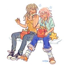  2girls bag black_shoes blue_pants blue_shirt blush box burger character_doll denim despicable_me doll eating food full_body grey_hair hair_between_eyes happy_meal holding holding_burger holding_food holding_toy honkai:_star_rail honkai_(series) jeans jewelry long_hair looking_at_another looking_down loose_socks march_7th_(honkai:_star_rail) mcdonald's minion_(despicable_me) multiple_girls necklace pants pink_hair shirt shoes short_sleeves sitting sleeveless sleeveless_shirt smile socks stelle_(honkai:_star_rail) teeth toy trailblazer_(honkai:_star_rail) twitter_username umilini2 white_socks yellow_bag yellow_shirt yellow_shoes 