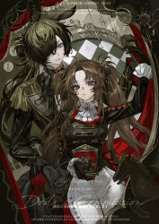  1boy 1girl arm_up ascot black_gloves black_hair black_jacket blue_eyes breasts brown_hair checkered_background closed_mouth commission cowboy_shot epaulettes frilled_sleeves frills gloves hair_over_one_eye highres huang_du_du jacket long_hair long_sleeves medium_breasts mihuashi_commission original pants parted_bangs parted_lips red_eyes twintails watermark white_ascot white_pants 