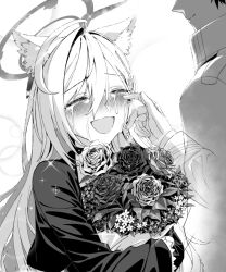  1boy 1girl ahoge animal_ear_fluff animal_ears black_shrug blew_andwhite blue_archive blush bouquet closed_eyes commentary_request corrupted_halo crying flower gloves greyscale halo happy happy_tears head_out_of_frame holding holding_bouquet long_hair long_sleeves monochrome open_mouth sensei_(blue_archive) shiroko_terror_(blue_archive) shrug_(clothing) streaming_tears tears wiping_tears wolf_ears wolf_girl 
