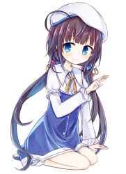  1girl amakaze_sora announcement_celebration beret between_fingers blue_dress blue_eyes blue_shoes blush brown_hair closed_mouth dress full_body hat hinatsuru_ai holding layered_sleeves long_hair long_sleeves low_twintails puffy_short_sleeves puffy_sleeves ryuuou_no_oshigoto! seiza shirt shoe_soles shoes shogi_piece short_over_long_sleeves short_sleeves simple_background sitting smile socks solo twintails very_long_hair white_background white_hat white_shirt white_socks 
