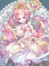  1girl adapted_costume aqua_eyes ascot blonde_hair border bow bow_choker bowtie choker closed_mouth collarbone commentary cowboy_shot cure_flora cure_flora_(grand_princess) dress earrings flower flower_earrings frilled_sleeves frills gloves go!_princess_precure gold_tiara grey_border hair_bun half-closed_eyes half_updo happy haruno_haruka heart heart_wand highres holding holding_staff jewelry lace-trimmed_dress lace_background lace_trim light_particles light_smile lipstick long_hair looking_at_viewer magical_girl makeup multicolored_hair neck_flower pink_bow pink_bowtie pink_flower pink_hair pink_lips pleated_dress precure puffy_short_sleeves puffy_sleeves short_dress short_sleeves single_hair_bun solo square_neckline staff standing two-tone_hair very_long_hair wavy_hair white_ascot white_background white_bow white_choker white_dress white_gloves wrist_bow wrist_flower yomo_gigyoza 