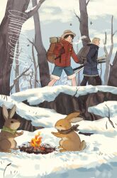  2boys absurdres animal backpack bag bare_tree black_hair blue_coat blue_shorts breath campfire clouds cloudy_sky coat commission from_side fur-trimmed_shorts fur_trim green_hair hand_in_pocket highres holding holding_stick katana male_focus mixed-language_commentary monkey_d._luffy multiple_boys one_piece outdoors rabbit red_coat roronoa_zoro sheath sheathed short_hair shorts sky snow stick sword toku0034 tree walking weapon winter_clothes winter_coat 