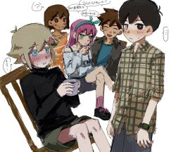  ... 1girl 4boys ? alternate_costume alternate_eye_color antenna_hair aubrey_(faraway)_(omori) aubrey_(omori) basil_(faraway)_(omori) basil_(omori) black_eyes black_hair black_shoes black_sweater blonde_hair blue_eyes blue_hairband blush brothers brown_eyes closed_mouth collared_shirt cup dark-skinned_male dark_skin double-parted_bangs flower green_shorts grey_eyes hair_between_eyes hair_flower hair_ornament hairband hero_(faraway)_(omori) hero_(omori) heterochromia highres holding holding_cup kel_(faraway)_(omori) kel_(omori) long_hair long_sleeves looking_at_another multiple_boys omori open_mouth parted_lips pink_hair pink_socks shirt shoes short_hair short_sleeves shorts siblings sidelocks simple_background sitting sketch smile sneakers socks speech_bubble spoilers spoken_ellipsis spoken_question_mark sunny_(omori) sweatdrop sweater tamponade thought_bubble translation_request white_background white_shirt 