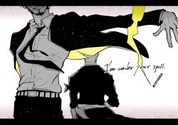  2boys absurdres back cigarette clenched_teeth collared_shirt commentary_request english_text facial_hair floating_clothes goatee highres japanese_clothes kimono male_focus multiple_boys one_piece roronoa_zoro sanji_(one_piece) sash shi_camellia8 shirt short_hair smoke suit teeth 