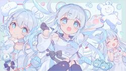  1girl :d ^_^ black_bow black_gloves blue_bow blue_eyes blush_stickers bow braid closed_eyes closed_mouth clothing_cutout commentary commission double_bun dress english_commentary food garter_straps gloves grey_hair hair_bow hair_bun hair_ornament hairclip hands_on_own_cheeks hands_on_own_face hands_up highres macaron multiple_views open_mouth parallel_hairclips project_nebula shoulder_cutout skeb_commission smile stuffed_animal stuffed_toy tareme teddy_bear tirutiru_bee usui_yura virtual_youtuber white_bow white_dress 