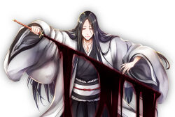  1girl arms_up bankai black_hair black_hakama black_kimono bleach bleach:_sennen_kessen-hen blood closed_mouth commentary_request cowboy_shot fighting_stance floating_clothes hair_over_shoulder hakama haori hemokinesis highres holding holding_sword holding_weapon ichi_natsu japanese_clothes katana kimono lips long_hair long_sleeves looking_at_viewer mature_female minazuki_(bankai) parted_bangs sash scar scar_on_chest simple_background smile solo straight_hair sword tsurime unohana_retsu weapon white_background white_haori white_sash wide_sleeves 