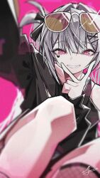  1girl bare_shoulders blunt_bangs commentary eyewear_on_head facial_mark fishnet_socks fishnets from_below grey_hair grin hair_intakes hair_ornament hair_ribbon heart heart_facial_mark highres honkai:_star_rail honkai_(series) long_hair long_sleeves looking_at_viewer marttkim00 official_alternate_costume official_alternate_hairstyle pink_background pink_eyes ribbon selfie sidelocks signature simple_background smile socks solo sparkle sparkle_(honkai:_star_rail) sparxie_(candy-coated_waves)_(honkai:_star_rail) sparxie_(honkai:_star_rail) squatting sunglasses twintails two_side_up untranslatable_commentary v v_over_mouth x_hair_ornament 