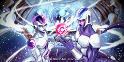  2boys alien colored_skin commentary_request cooler_(dragon_ball) dragon_ball dragon_ball_z final_form_frieza frieza highres multiple_boys pectorals purple_lips purple_skin red_eyes shadiaoxiaobai tail white_skin 