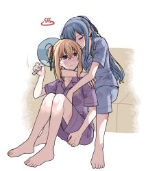  2girls bang_dream! bang_dream!_it's_mygo!!!!! barefoot blonde_hair blue_hair blue_shirt blue_shorts blush clipe closed_mouth commentary_request half_updo highres hug hug_from_behind logo long_hair misumi_uika multiple_girls one_side_up pajamas purple_shirt purple_shorts shirt shorts sidelocks simple_background sitting sweat togawa_sakiko violet_eyes white_background yuri 