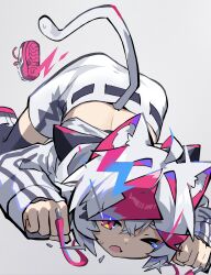  absurdres ahoge animal_ear_fluff animal_ears bakeneko1212 black_thighhighs cat_ears cat_tail highres hood hoodie long_sleeves looking_at_viewer multicolored_hair one_eye_closed open_mouth original red_eyes shoes short_hair shorts simple_background sneakers solo tail tearing_up thigh-highs top-down_bottom-up white_hair white_shorts 
