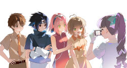  2boys 3girls :< :d antenna_hair aqua_bow black_eyes black_hair black_shirt blue_shirt blush bow brown_eyes brown_hair brown_shirt cardcaptor_sakura cellphone chaaarity chinese_commentary commentary_request cowboy_shot crossed_arms crossover daidouji_tomoyo detached_sleeves dress dress_shirt forehead_protector green_eyes hair_bow hand_on_own_hip hand_up haruno_sakura high_collar highres holding holding_phone kinomoto_sakura li_syaoran long_hair looking_at_another multiple_boys multiple_girls naruto_(classic) naruto_(series) necktie orange_necktie pants phone pink_hair red_dress ringlets shirt shirt_tucked_in short_hair short_sleeves sidelighting simple_background skirt sleeveless sleeveless_dress smartphone smile taking_picture uchiha_sasuke v white_background white_pants white_sleeves wing_collar yellow_dress yellow_shirt yellow_skirt 