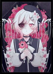 1girl beret black_background black_choker black_hat bruise bruise_on_face bug butterfly cherry_blossoms choker commentary_request floral_background flower flower-trimmed_sleeves gradient_hair hair_flower hair_ornament hat highres injury interlocked_fingers long_sleeves looking_at_viewer magnifying_glass mahou_shoujo_no_majo_saiban mitobari multicolored_hair own_hands_clasped own_hands_together parted_lips pink_eyes red_butterfly red_flower red_rose rose sakuraba_ema short_hair skeletal_wings solo spoilers sword upper_body weapon white_flower white_hair wings witch_(manosaba) x_hair_ornament 