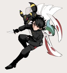  1boy absurdres arm_blade black_fur black_hair cape closed_mouth colored_sclera colored_skin crossover gallade gloves green_hair highres holding holding_knife ichi_(madan_no_ichi) knife long_hair long_sleeves looking_at_viewer madan_no_ichi mega_gallade mega_pokemon pokemon pokemon_(creature) red_eyes shirt short_hair simple_background tail tomori_(inoutomori) umbreon weapon white_cape white_skin witch 