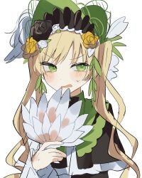  1girl black_bow black_bowtie black_capelet black_flower black_rose blonde_hair bonnet bow bow_flower bowtie capelet dress feather_fan flower frilled_dress frilled_sleeves frills glaring green_bonnet green_eyes hair_flower hair_ornament hand_fan highres holding holding_fan lolita_fashion long_hair long_sleeves looking_at_viewer mahou_shoujo_no_majo_saiban rose sabi_kkr simple_background solo tono_hanna twintails upper_body white_background white_flower white_rose wide_sleeves winged_hat yellow_flower yellow_rose 