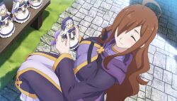  1girl ahoge bench blush breasts brown_hair character_doll closed_eyes closed_mouth cobblestone doll dress dutch_angle eris_(konosuba) feet_out_of_frame from_above from_side gambeson game_asset hair_over_one_eye high_collar highres holding holding_doll hood hood_down hooded_robe kono_subarashii_sekai_ni_shukufuku_wo! kono_subarashii_sekai_ni_shukufuku_wo!_kono_yokubukai_game_ni_shinpan_o! large_breasts long_hair long_sleeves non-web_source nun official_art outdoors purple_dress purple_robe robe self-datamine sidelocks sitting smile solo stone_floor wavy_hair wiz_(konosuba) 