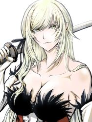  1girl bare_shoulders blonde_hair breasts closed_mouth commentary_request dress highres holding holding_sword holding_weapon kiss-shot_acerola-orion_heart-under-blade kizumonogatari large_breasts long_hair looking_at_viewer monogatari_(series) oshino_shinobu pointy_ears red_dress simple_background smile sword tsukihi_shida vampire weapon white_background yellow_eyes 