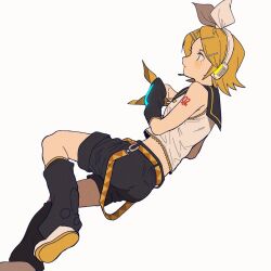  1girl belt black_sailor_collar black_shorts blonde_hair blue_eyes bow breasts commentary_request detached_sleeves hair_ornament hairclip headphones kagamine_rin leg_warmers neckerchief number_tattoo orange555_555 parallel_hairclips sailor_collar shirt shoes short_hair shorts simple_background sleeveless sleeveless_shirt small_breasts tattoo vocaloid white_background white_bow white_shirt white_shoes yellow_belt yellow_neckerchief yellow_trim 