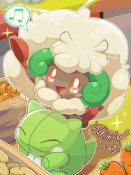  blush_stickers bright_pupils carrot commentary_request hat holding holding_unworn_clothes holding_unworn_hat musical_note no_humans open_mouth orange_eyes pokemon pokemon_(creature) pokemon_cafe_remix red_hat runachikku sparkle spoken_musical_note substitute_(pokemon) unworn_hat unworn_headwear whimsicott white_pupils 