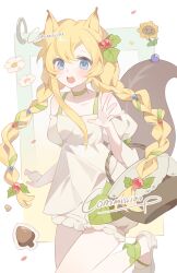  1girl absurdres acorn animal_ears bare_shoulders blonde_hair blue_eyes blush braid choker collarbone commission cowboy_shot double-parted_bangs green_choker hair_between_eyes hand_up highres huolala_neiku_chaofan leg_up long_hair looking_at_viewer mihuashi_commission off-shoulder_shirt off_shoulder open_mouth original plants_vs._zombies shirt shoes short_sleeves shorts solo squirrel_ears squirrel_girl squirrel_tail sunflower_(plants_vs._zombies) tail teeth twin_braids upper_teeth_only white_shirt white_shoes white_shorts 