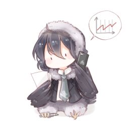  1boy ahoge animal_print aqua_necktie bird_print bird_tail black_eyes black_hair black_jacket blazer blush_stickers bottomless business_suit cellphone chibi chinese_commentary collared_jacket collared_shirt commentary_request earmuffs fur-trimmed_jacket fur_trim furrification furry furry_male graph hair_between_eyes holding holding_paper holding_pen holding_phone human_head interruption_(echo-023) jacket lapels long_hair_between_eyes male_focus medium_hair necktie nikki_(series) no_mouth notched_lapels open_clothes open_jacket paper paper_stack pen phone prehensile_feet print_necktie shadow shining_nikki shirt simple_background sitting smartphone solid_oval_eyes solo speech_bubble spoken_object suit tail talking_on_phone talons vulture_(shining_nikki) white_background white_shirt winged_arms wings 