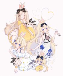  1girl animal_ears bikini black_bow blonde_hair blue_bikini blue_bow blue_eyes blue_nails bow chibi dress flower folded_twintails food_print fruit_print hair_bow hair_flower hair_ornament highres indie_virtual_youtuber lemon_print long_hair looking_at_viewer official_alternate_costume one_eye_closed open_mouth pen rabbit rabbit_ears rabbit_girl rabbit_tail scrunchie simple_background smile snow_(iceysnowie) sweater swimsuit tail twintails virtual_youtuber white_background white_dress white_flower wrist_scrunchie yellow_eyes yellow_sweater yenko_(vtuber) 