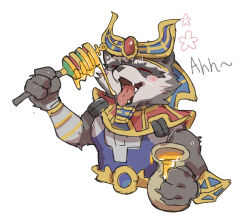 1boy absurdres animal_ears ankh blush closed_eyes commentary english_text fangs flower furry furry_male guardians_of_the_galaxy happy_aura highres holding holding_jar honey jar male_focus marvel marvel_rivals open_mouth raccoon_boy raccoon_ears rocket_raccoon rocket_raccoon_(golden_artificer) sisijimakarashi sound_effects untranslatable_commentary upper_body whiskers white_background 