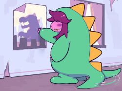  1girl akibevillage blush colored_skin commentary_request crack cracked_wall deltarune dinosaur_costume furry furry_female hand_on_wall highres horns house indoors long_hair messy_room official_alternate_costume poster_(object) purple_hair sharp_teeth susie_(dark_world)_(deltarune) susie_(deltarune) susiezilla tail teeth utdr_(toby_fox) window 