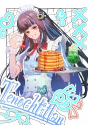  1girl absurdres apron black_hair blue_dress blue_hair blueberry bow bowtie breasts colored_inner_hair commentary_request cup dress drinking_glass eyeliner fate/grand_order fate_(series) food frills fruit grey_eyes grin hair_ornament highres hitsujiumi long_hair looking_at_viewer maid_headdress makeup multicolored_hair pancake pancake_stack puffy_short_sleeves puffy_sleeves short_sleeves sidelocks small_breasts smile solo strawberry tenochtitlan_(fate) tenochtitlan_(fgo_fes._2026)_(fate) tray white_apron wrist_cuffs 