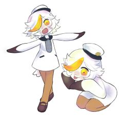 1girl asa_(asagh0st) bird_girl bird_tail black_sailor_collar brown_sandals buttons commentary funamusea hat highres looking_at_viewer memoca_(funamusea) multicolored_hair oounabara_to_wadanohara open_mouth orange_eyes orange_hair orange_pantyhose pantyhose sailor_collar sailor_hat sailor_shirt sandals shirt short_hair simple_background sitting smile standing streaked_hair tail tongue tongue_out white_background white_hair white_hat white_shirt 