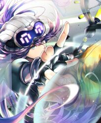  1boy another_eden aqua_eyes beanie black_gloves black_jacket commentary_request e_haruno fighting_stance fingerless_gloves gloves goggles goggles_on_headwear grey_hat hair_between_eyes hat highres holding holding_staff jacket long_hair looking_at_viewer male_focus midriff open_clothes open_jacket outstretched_hand panties purple_hair ribbed_hat sevyn_(another_eden) solo staff underwear yellow_panties 