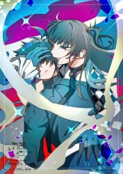  1boy 1girl biting black_gloves black_hair blush checkered_clothes commentary english_commentary fujimine_(madan_no_ichi) gloves hand_on_another's_face holding ichi_(madan_no_ichi) long_hair long_sleeves madan_no_ichi mole mole_under_eye onsen_hphp shirt short_hair smile upper_body witch 