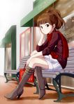  bench boots brown_hair earrings high_heels idolmaster jewelry knee_boots minase_iori ponnetsu ponytail scarf shoes sitting 