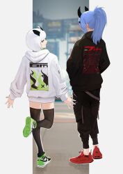  2girls absurdres air_jordan black_hoodie black_thighhighs blue_hair blunt_bangs bob_cut colored_inner_hair eloise_(the_atko) from_behind full_body green_hair hair_ornament hairclip hands_in_pockets high_ponytail highres hood hoodie long_hair long_hoodie long_sleeves looking_at_viewer looking_back medium_hair multicolored_hair multiple_girls narrowed_eyes no_socks original outdoors pants ponytail red_shoes saki_(the_atko) shoes sidelocks sleeves_past_wrists slit_pupils smile sneakers standing standing_on_one_leg sweatpants the_atko thick_eyebrows thigh-highs two-tone_hair white_hair white_hoodie 