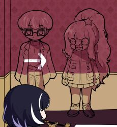  1boy 2girls angry arrow_(symbol) black_hair camouflage clenched_teeth commentary ezra_(project_moon) glasses hair_ornament highres limbus_company long_hair mangamandu meccha_chameleon meccha_chameleon_troll_(meme) meme moses_(project_moon) multicolored_hair multiple_girls pants project_moon shoes smoking_pipe star_(symbol) star_hair_ornament streaked_hair teeth vespa_crabro 