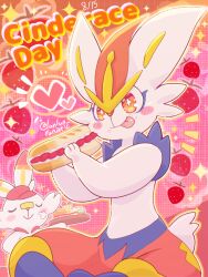  1other blush_stickers character_name food food_on_face fruit furry hat heart highres licking_lips orange_eyes pokemon pokemon_(creature) pokemon_cafe_remix red_hat runachikku sandwich scorbunny sitting strawberry submarine_sandwich tongue tongue_out 