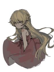  1girl blonde_hair closed_mouth commentary_request dress glaring highres long_hair looking_at_viewer makucrp monogatari_(series) oshino_shinobu pink_eyes pointy_ears simple_background solo white_background yellow_eyes 