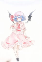  1girl absurdres ascot bat_wings black_shoes blue_hair closed_mouth commentary frilled_wrist_cuffs frills full_body hat hat_ribbon highres looking_at_viewer mai_kao_chang_de_a_yi mob_cap one_eye_closed painting_(medium) pink_hat pink_shirt pink_skirt red_ascot red_eyes red_wrist_cuffs remilia_scarlet ribbon shirt shoes short_hair skirt skirt_set socks solo touhou traditional_media watercolor_(medium) white_socks wings wrist_cuffs 