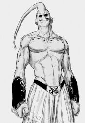  1boy alt_text antennae arms_at_sides bracer commentary cowboy_shot dragon_ball dragon_ball_z english_commentary evil_grin evil_smile grey_background greyscale grin highres looking_at_viewer majin_buu male_focus monochrome muscular muscular_male pants pectorals pedro_renji red_eyes simple_background smile solo spot_color super_buu teeth topless_male 