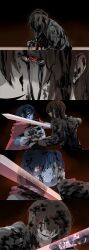  2others absurdres armor black_blood black_eyes blood blue_hair blue_skin brown_hair cape chinese_commentary colored_blood colored_skin commentary_request deltarune grey_sweater hand_on_another's_face heart heart-shaped_pupils highres holding holding_sword holding_weapon kris_(dark_world)_(deltarune) kris_(deltarune) multiple_others other_focus partial_commentary pink_cape red_eyes reflective_weapon short_hair sweater sword symbol-shaped_pupils utdr_(toby_fox) vessel_(deltarune) weapon yunlin_e 